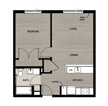 Floor plan for 1 bed, 1 bath, 554 sqft